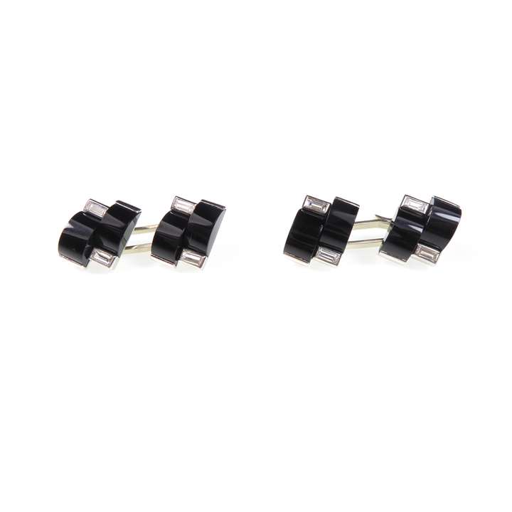 Pair of Art Deco onyx arch and diamond panel cufflnks